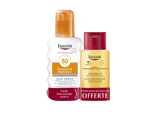 Eucerin Spray Sun protection sensitive protect SPF 50+ - 200ml + Huile de douche offerte - 100ml