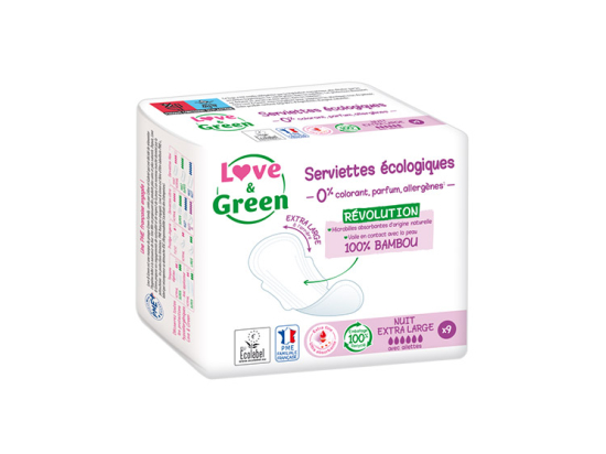 Love & Green Serviette Écologiques Nuit Extra Large - 9 serviettes