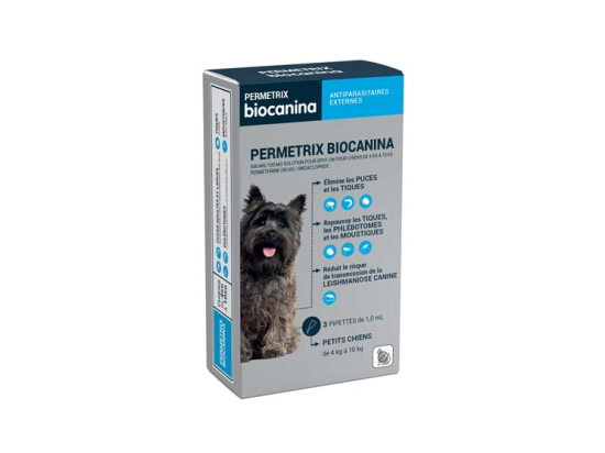 Biocanina Permetrix 500mg/100mg solution pour spot-on pour chien de 4kg à 10kg - 3 pipettes de 1 ml