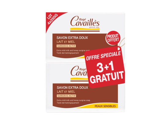 Rogé Cavaillès Savon Surgras extra doux lait et miel - 3x250gr + 1 Gratuit