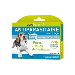 Antiparasitaire Pipettes Insectifuge Chien Moyen 15-30kg  - 3 x pipettes 2ml