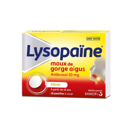 Lysopaïne Maux De Gorge Ambroxol Citron 20 Mg Sans Sucre - x18 Pastilles
