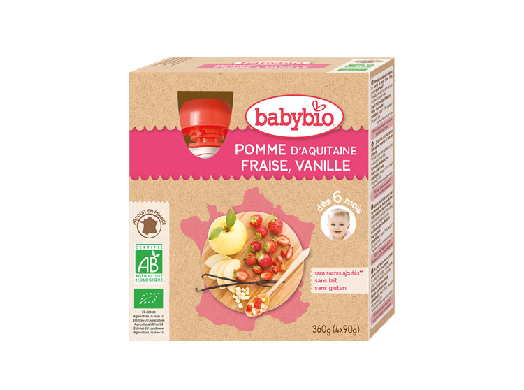 Babybio Gourdes Pomme d'aquitaine,fraise, vanille BIO - 4x90g