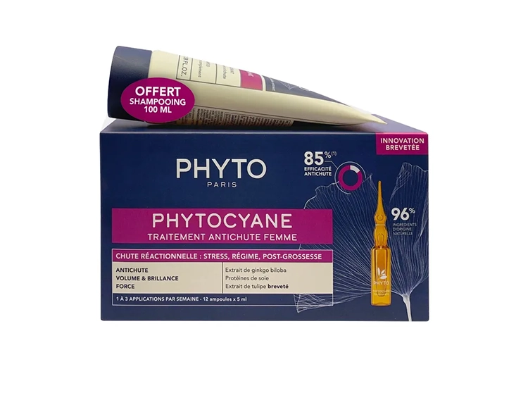 Phyto PhytocyaneTraitement Antichute Réactionnelle Femme 12x5ml + Shampoing Revigorant OFFERT