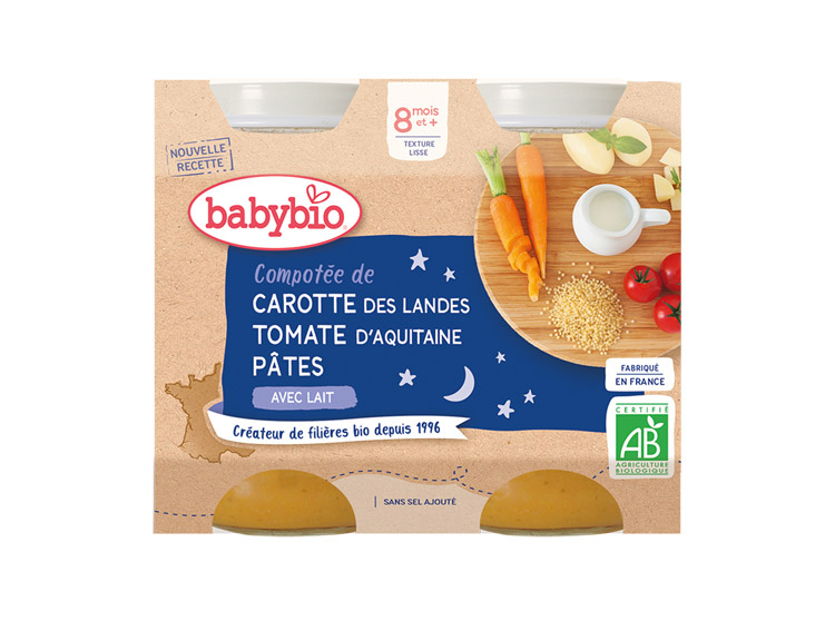 Babybio Petits pots Compotée de carotte des Landes, tomate d'aquitaine & pâtes BIO - 2x200g