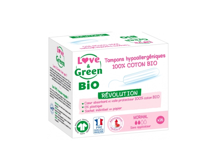 Love & Green Tampons 100% Coton BIO Sans applicateur Taille Normal - 16 tampons