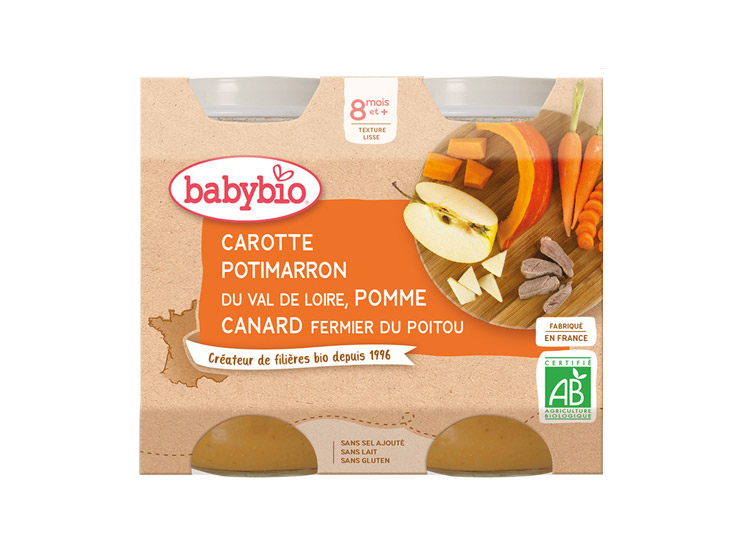 Babybio Petits pots carotte, potimarron du Val de Loire, pomme & canard fermier du Poitou BIO - 2x200g