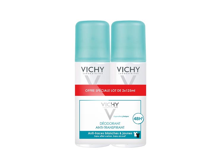 Vichy Déodorant Anti-transpirant 48 anti-traces jaunes et blanches Spray - 2 x 125 ml